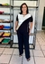 Conjunto Calça e Blusa Manga Curta Tricolor Preto, Branco e Bege, com Friso Bege na internet