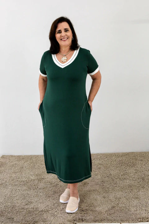 Vestido Decote V Trançador Manga Curta Military