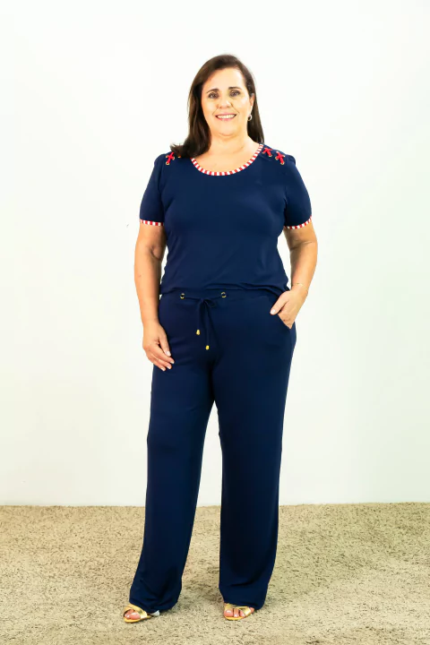 Conjunto Pantalona Manga Curta Marinho Detalhes Ombro