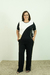 Conjunto Calça e Blusa Manga Curta Tricolor Preto, Branco e Bege, com Friso Bege