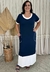 Vestido Longo Bicolor Manga Curta Marinho Off
