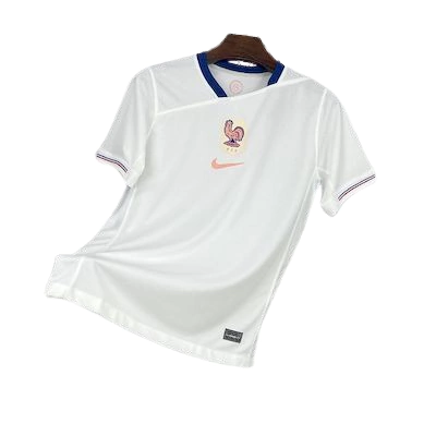 Camisa branca da França II Copa 2026 masculina da Nike vista por trás, com detalhes em azul nas laterais e gola