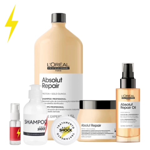 Trio Loreal Absolut Repair Gold Quinoa Shampoo 100ml Mascara Grossos 50g e Leave-in 10 in 1 em Refil 20ml - comprar online