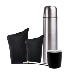 Set matero termo Plata doble capa, yerbera y azucarera, mate recto y bombilla chata