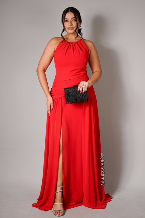 Vestido de festa longo frente única com drapeado na cintura e aplicação de flor - Vermelho