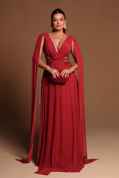 Vestido de festa longo, com babado em pedraria e capa - Terracota