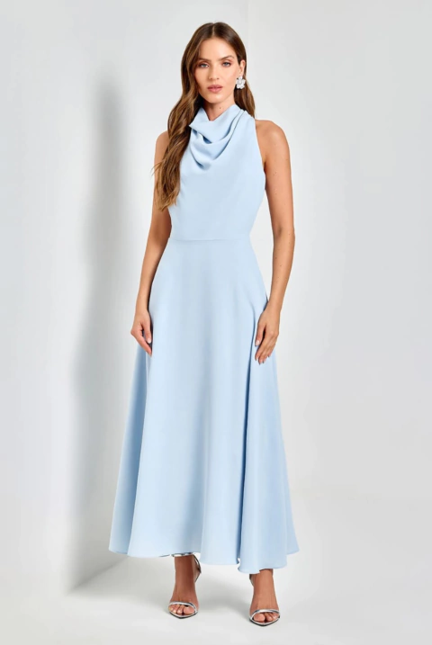 Vestido de festa midi, com gola e saia evasê - Azul Serenity