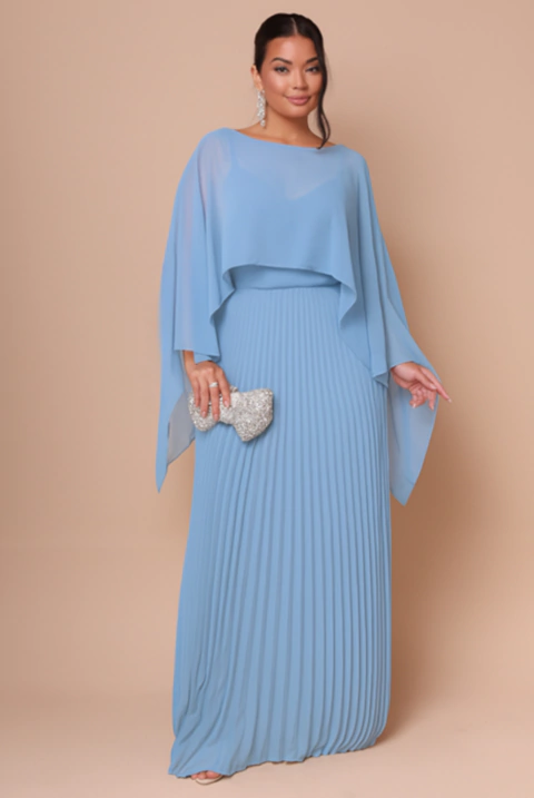 Vestido de festa longo, plissado, alças finas com capa removível - Azul Serenity