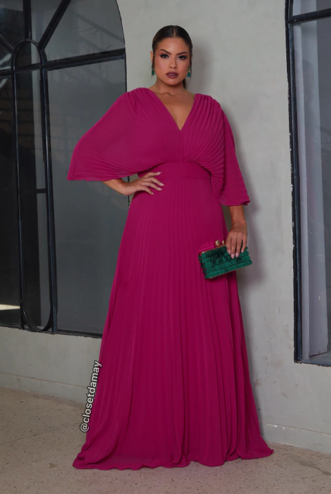 Vestido de festa longo, com decote v , plissado - Fúcsia