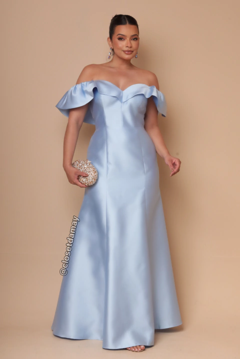 Vestido de festa longo em zibeline, decote V e ombro a ombro, saia sereia - Azul Serenity