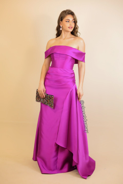 Vestido de festa longo sereia, em zibeline, decote ombro a ombro e drapeado lateral - Fúcsia