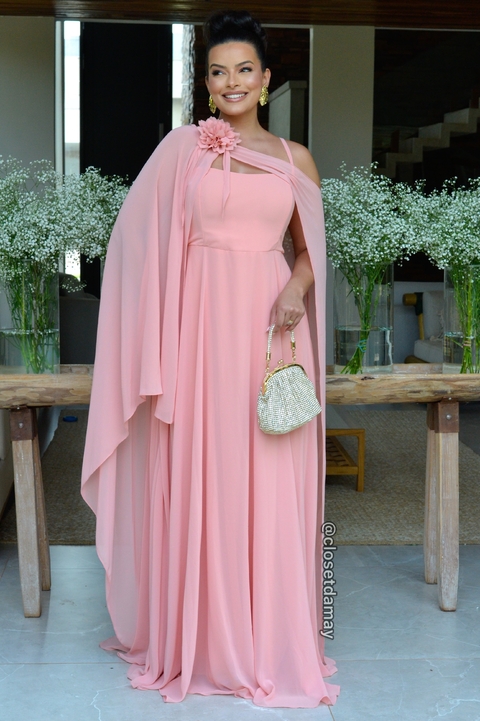 Vestido de festa longo, decote reto, com alças fina e capa removível - Rosê