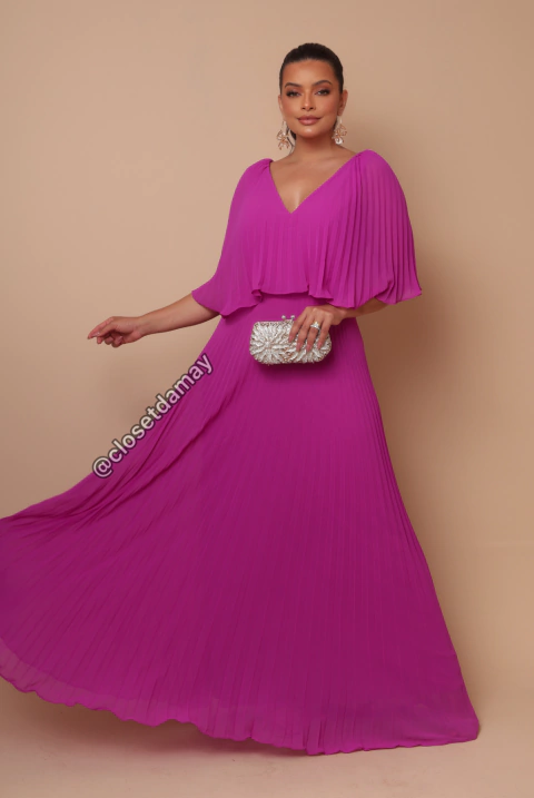 Vestido de festa longo, plissado com decote em v - Fucsia