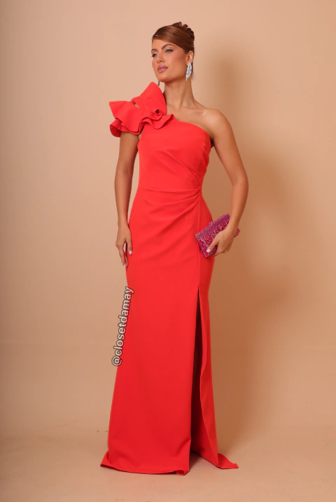 Vestido de festa longo, decote assimétrico e drapeado com fenda - Laranja