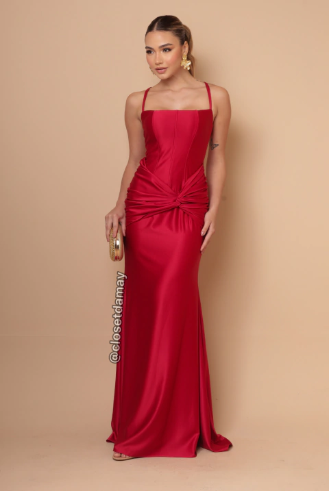 Vestido de festa longo, com nó fake e alças finas - Vermelho