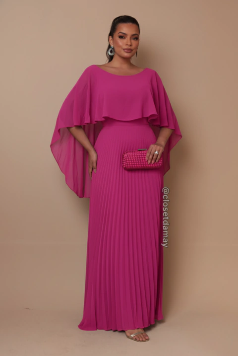Vestido de festa longo, plissado com capa fixa - Fúcsia
