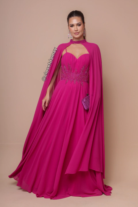 Vestido de festa longo com capa, decote coração com alças finas - Fúcsia