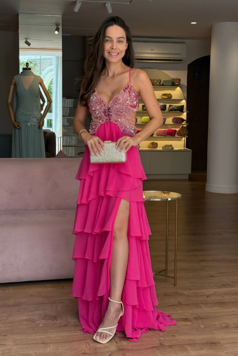 vestido de festa longo, decote profundo com alças finas em saia em camadas - Rosa Pink - comprar online