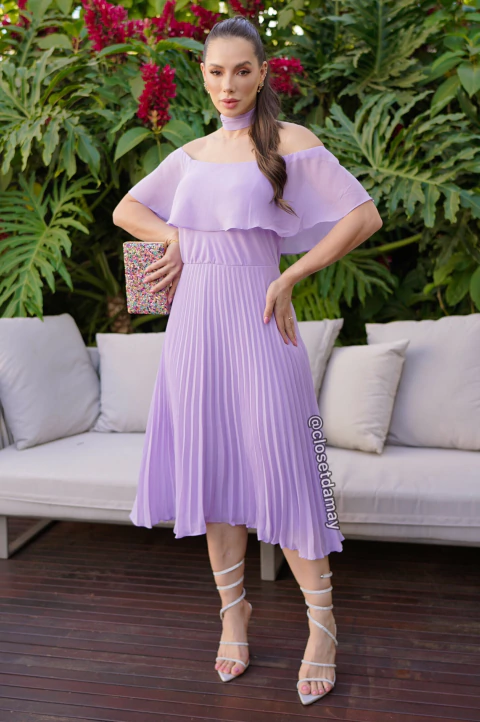 Vestido de festa midi em crepe de seda, plissado, ombro a ombro com babado - Lavanda