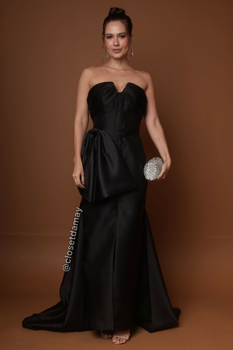 Vestido de festa longo, tomara que caia corset, fenda frontal e calda - Preto