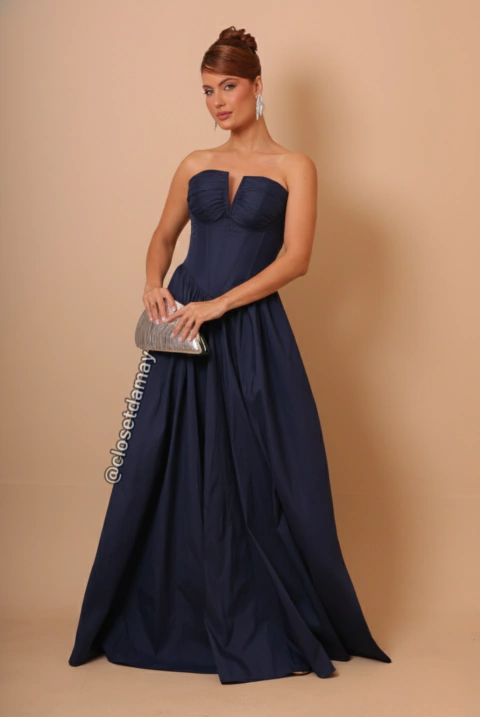 Vestido de festa longo, tomara que caia, corset com drapeado no busto - Azul Marinho