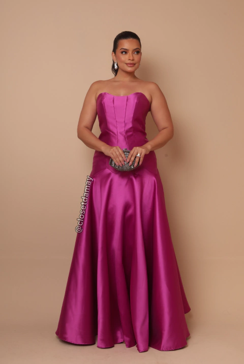 Vestido de festa longo, tomara que caia com sobreposição removível - Fúcsia