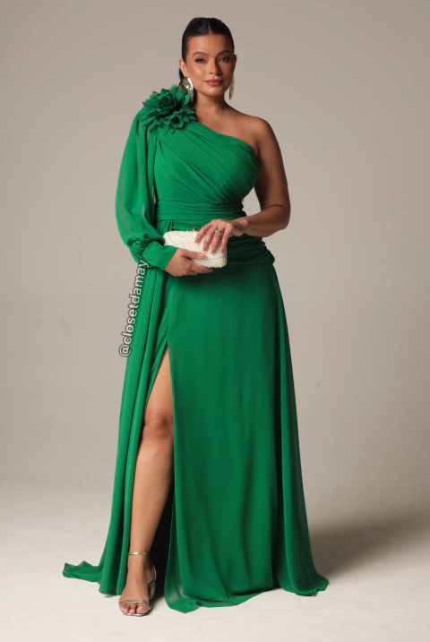 Vestido de festa longo, nula manga removível com flor fixa, drapeado e fenda - Verde Bandeira