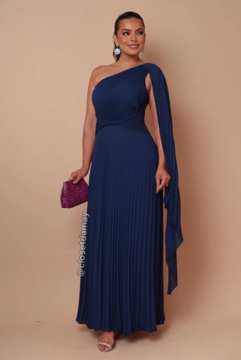 Vestido de festa longo, nula manga plissado com capa - Azul Marinho
