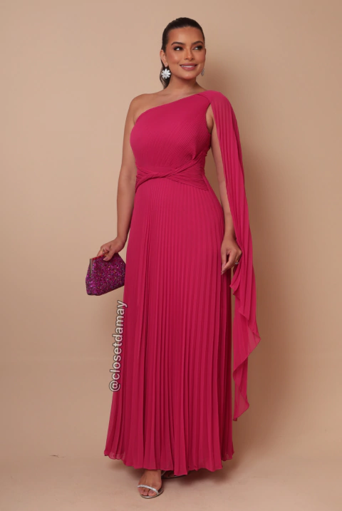 Vestido de festa longo, decote assimétrico plissado com capa - Rosa Pink