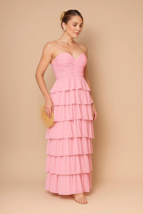 Vestido de festa longo, tomara que caia, drapeado no busto e saia em camadas - Rose