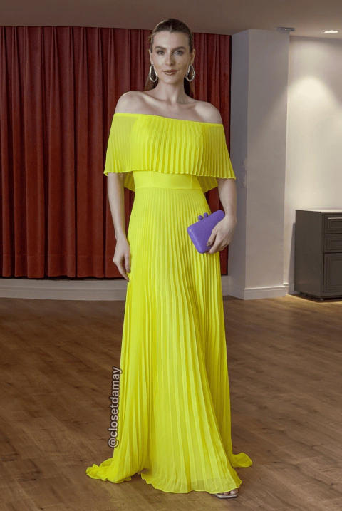 Vestido longo plissado, ombro a ombro, cinto faixa - Amarelo Limão