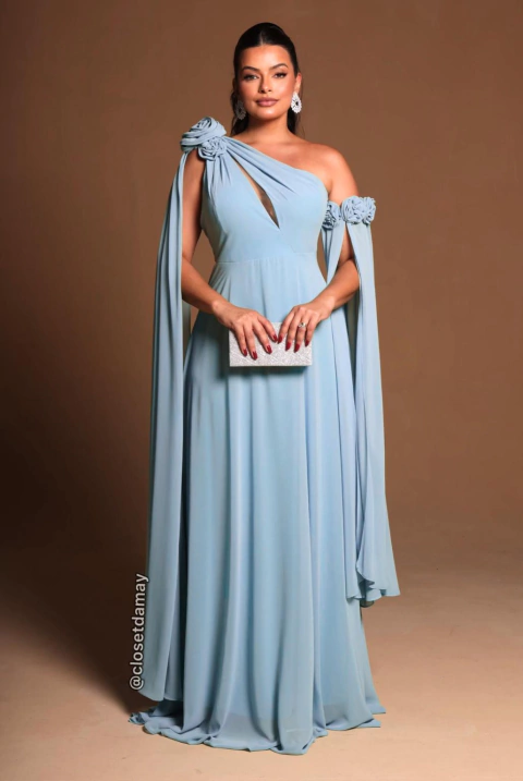 Vestido de festa longo, com capa e aplicação de flores - Azul Serenity