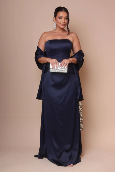 Vestido de festa longo, tomara que caia, crepe acetinado e drapeado no quadril - Azul Marinho