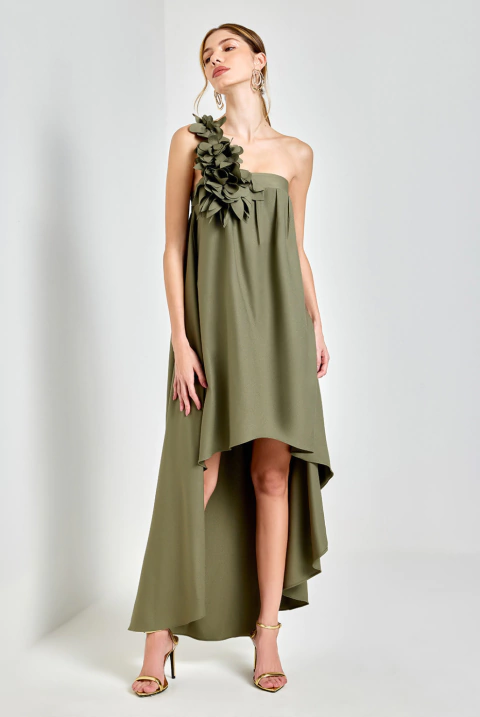 Vestido de festa mullet, decote assimétrico com detalhe de flores 3D - Verde Oliva