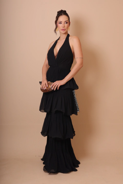 Vestido de festa longo, frente única com decote em V e saia em camadas - Preto