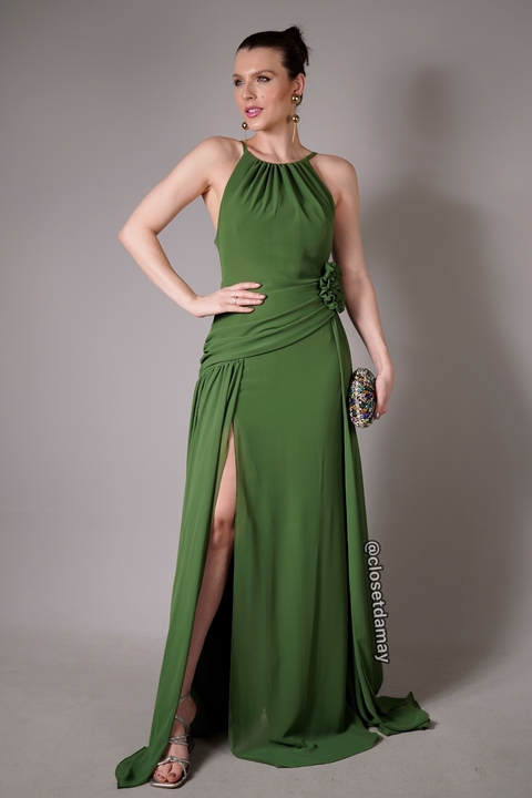 Vestido de festa longo frente única com drapeado na cintura e aplicação de flor - Verde Militar