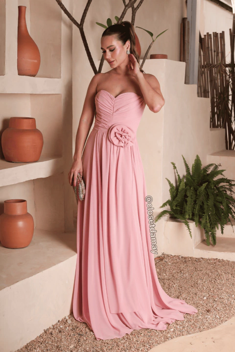 Vestido de festa longo, decote assimétrico com flor removível - Rose