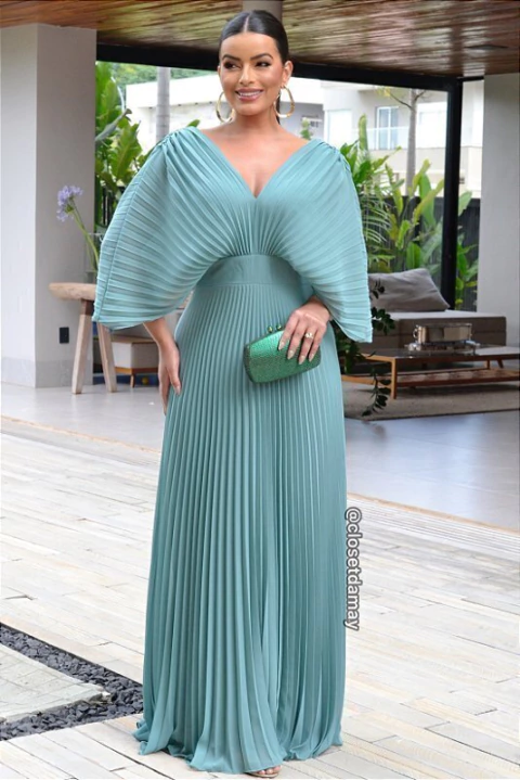 Vestido de festa longo, com decote v, plissado - Verde Caribe