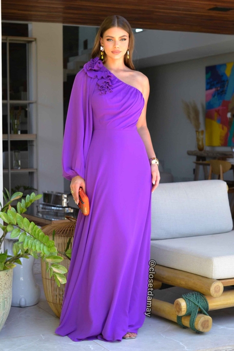 Vestido de festa longo, nula manga com aplicação de flores plissados - Roxo