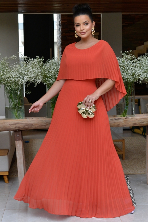 Vestido de festa longo, plissado com capa - Terracota