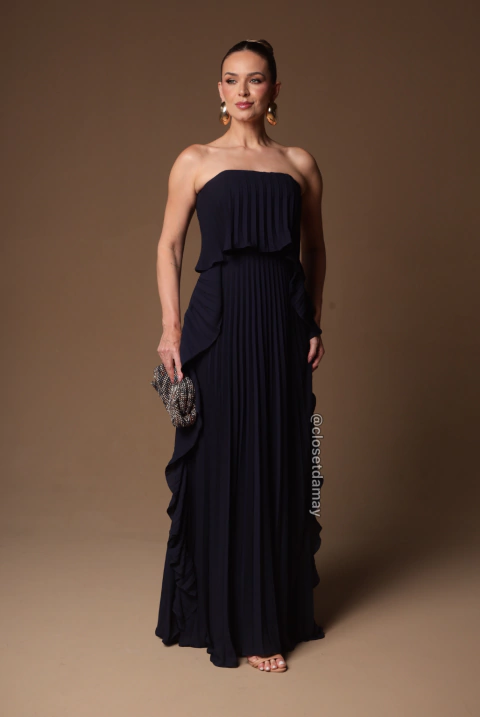 Vestido de festa longo, plissado, tomara que caia e babado lateral - Azul Marinho