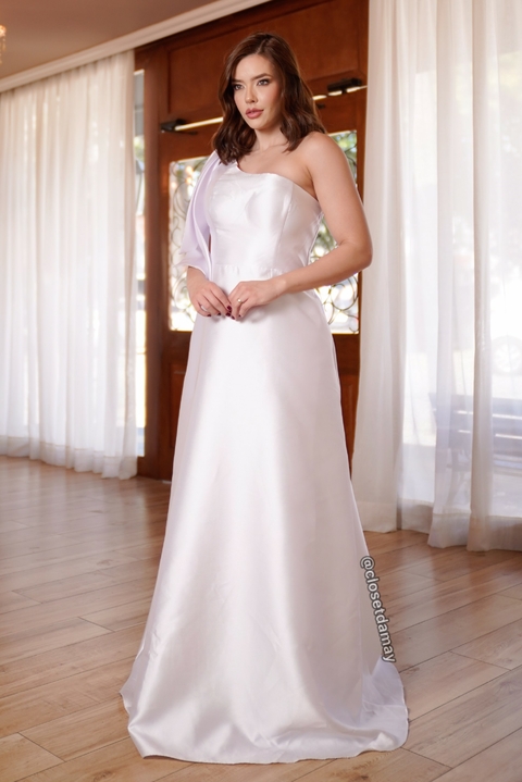 Vestido de noiva longo, em zibeline, decote assimétrico com laço - Branco