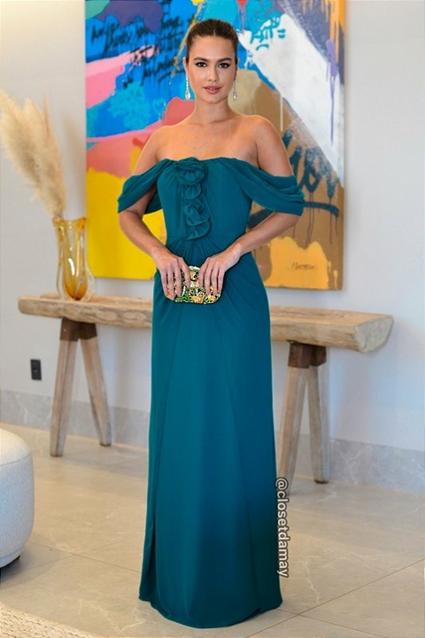 Vestido de festa longo, busto estruturado, tomara que caia com manga degagê - Verde Esmeralda