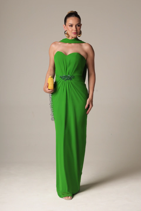 Vestido de festa longo, tomara que caia, franzido central e bordado de vidrilho - Verde Bandeira