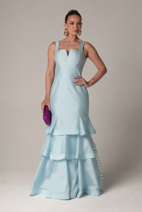 Vestido de festa longo sereia com alça, decote reto e babados assimétricos na saia- Azul Serenity