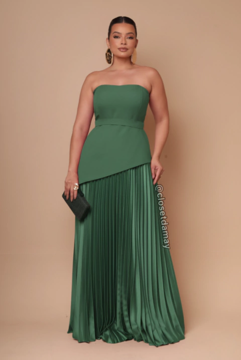 Vestido de festa longo, tomara que caia e saia plissada - Verde Musgo