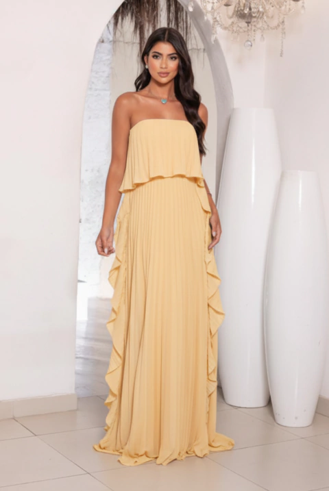 Vestido de festa longo, plissado, tomara que caia e babado lateral - Amarelo