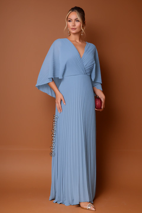 Vestido de festa longo, plissado com decote V, com capa fixa - Azul Serenity
