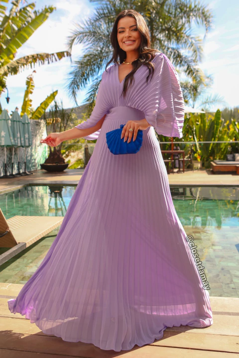 Vestido de festa longo, com decote v plissado - Lavanda