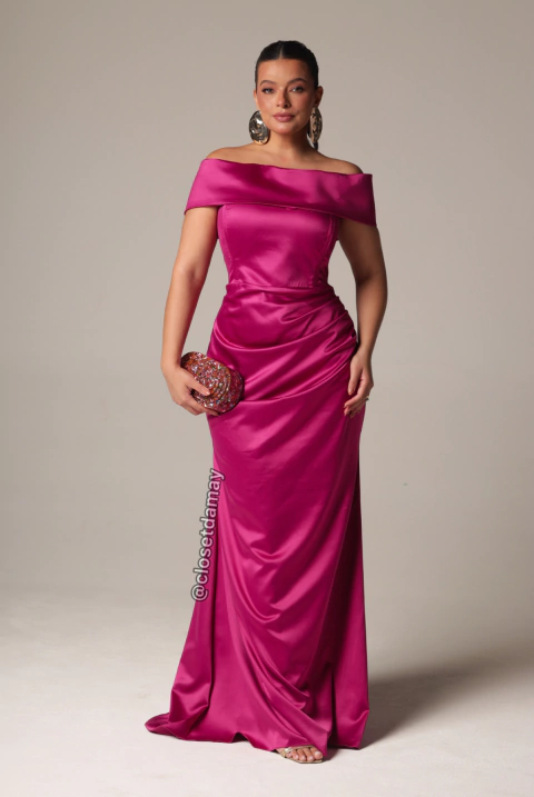 Vestido de festa longo, tomara que caia, com sobreposição removível - Fúcsia